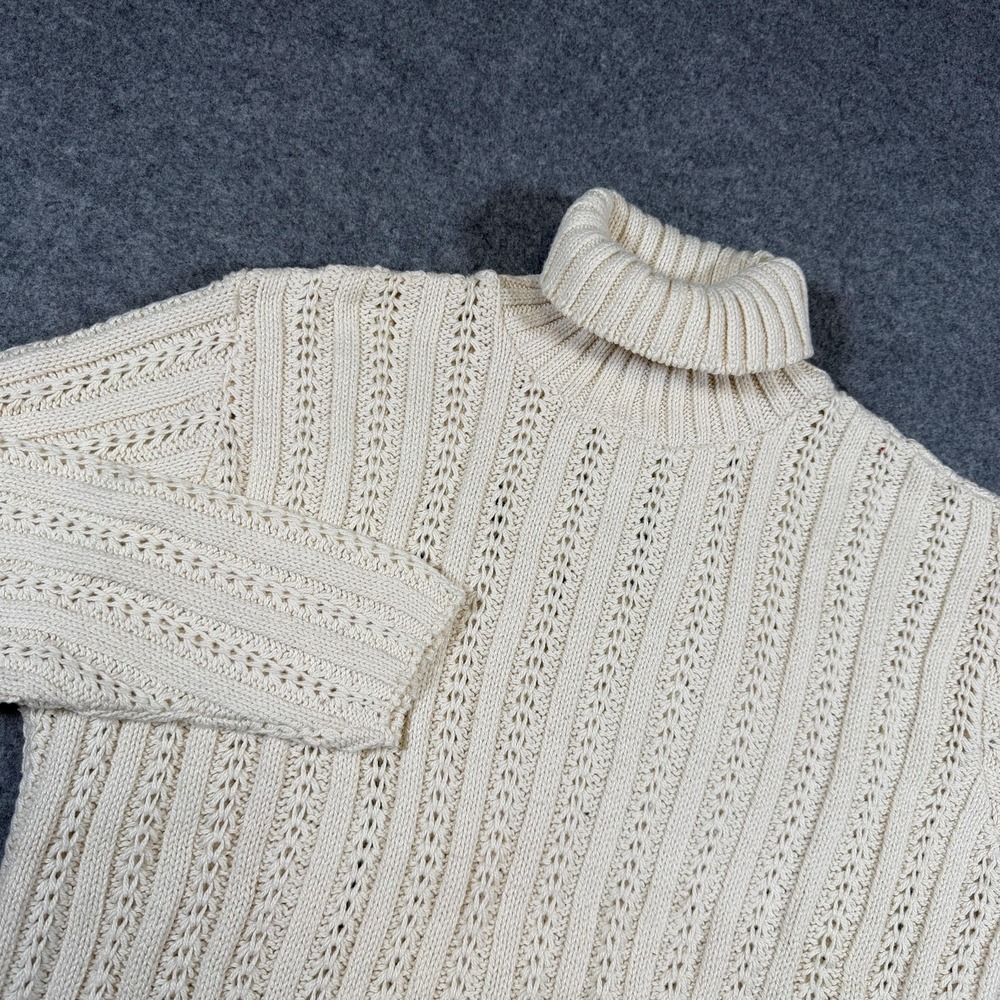 Northeast Knitting Mills Sweater M XL White Cotton Turtleneck Cable Knit USA VTG